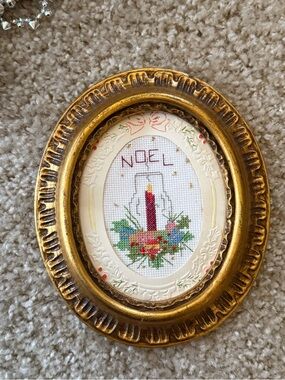 Oval Noel Cross-Stitch Candle Holiday Wall Art in Gold Frame embroidered